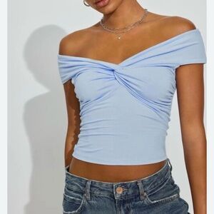 Blue Blush Off-Shoulder Twist Crop Top